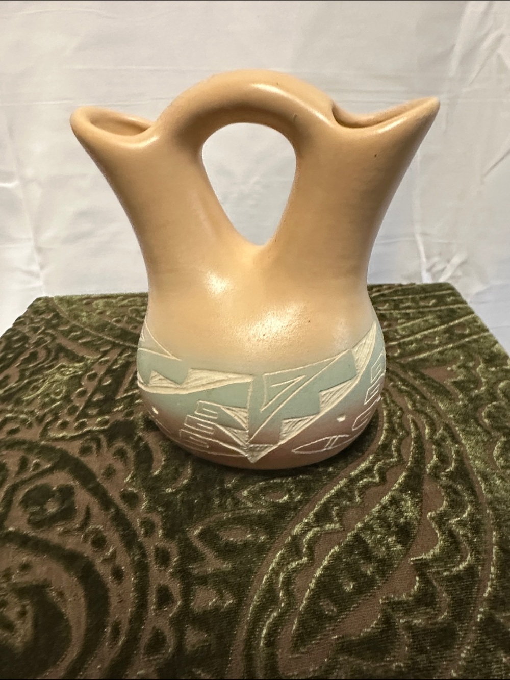 Tan Ceramic Double-Handled Vase with Pale Teal Geometric Band